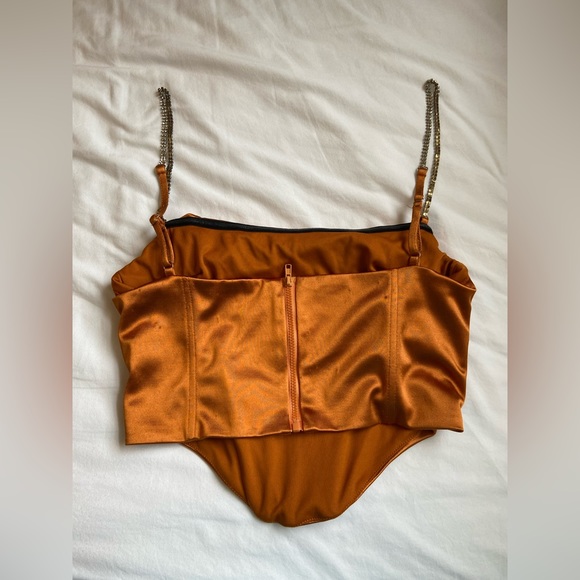 RUST ORANGE SATIN SLEEVELESS RHINESTONE SPAGHETTI STRAP DRAPE CROP TOP BLOUSE - Picture 2 of 7